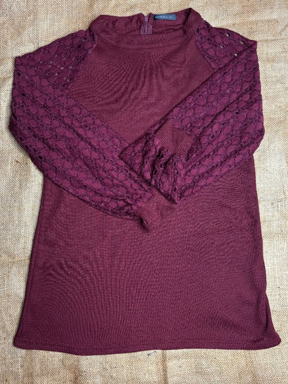 Miholl Burgundy Waffle Knit Top Sheer Lace Sleeve HOBO/Goth Whimsigoth/Y2K Size